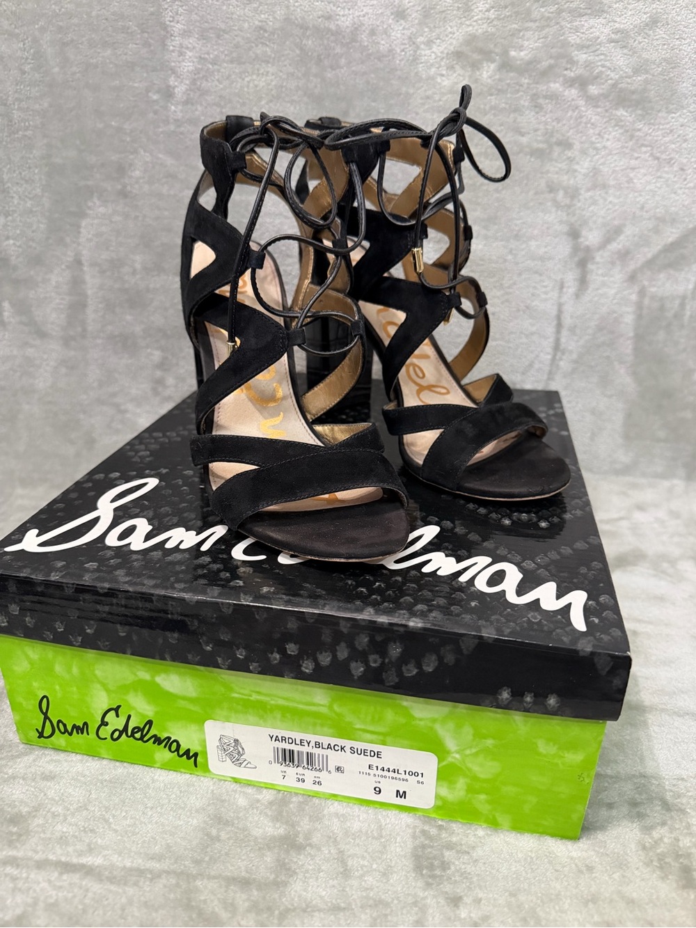 Sam Edelman Yardley Black Suede Lace-Up Block Heel Sandals/Heels Size 9
